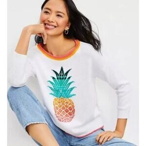 Colorful Pineapple Cotton Sweater Women's Relaxed Fit White Red Orange Green, M